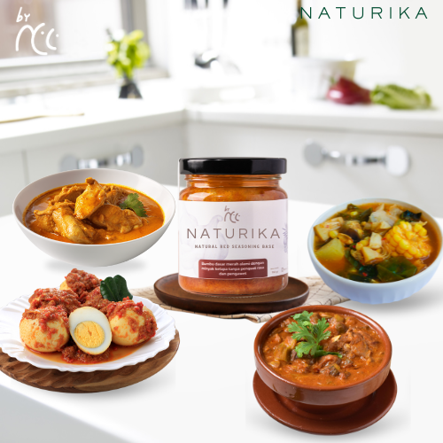 By NCC Naturika Bumbu Dasar Merah 160gr jar with various Indonesian dishes on white kitchen background