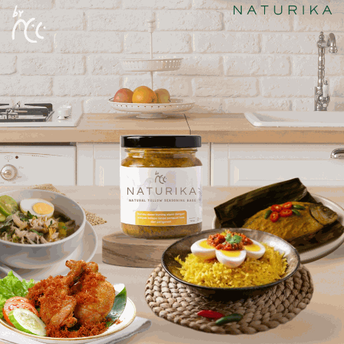 By NCC Naturika Bumbu Dasar Kuning 160gr pre-order packaging with natural spices and coconut oil, no MSG, sugar, or salt.
