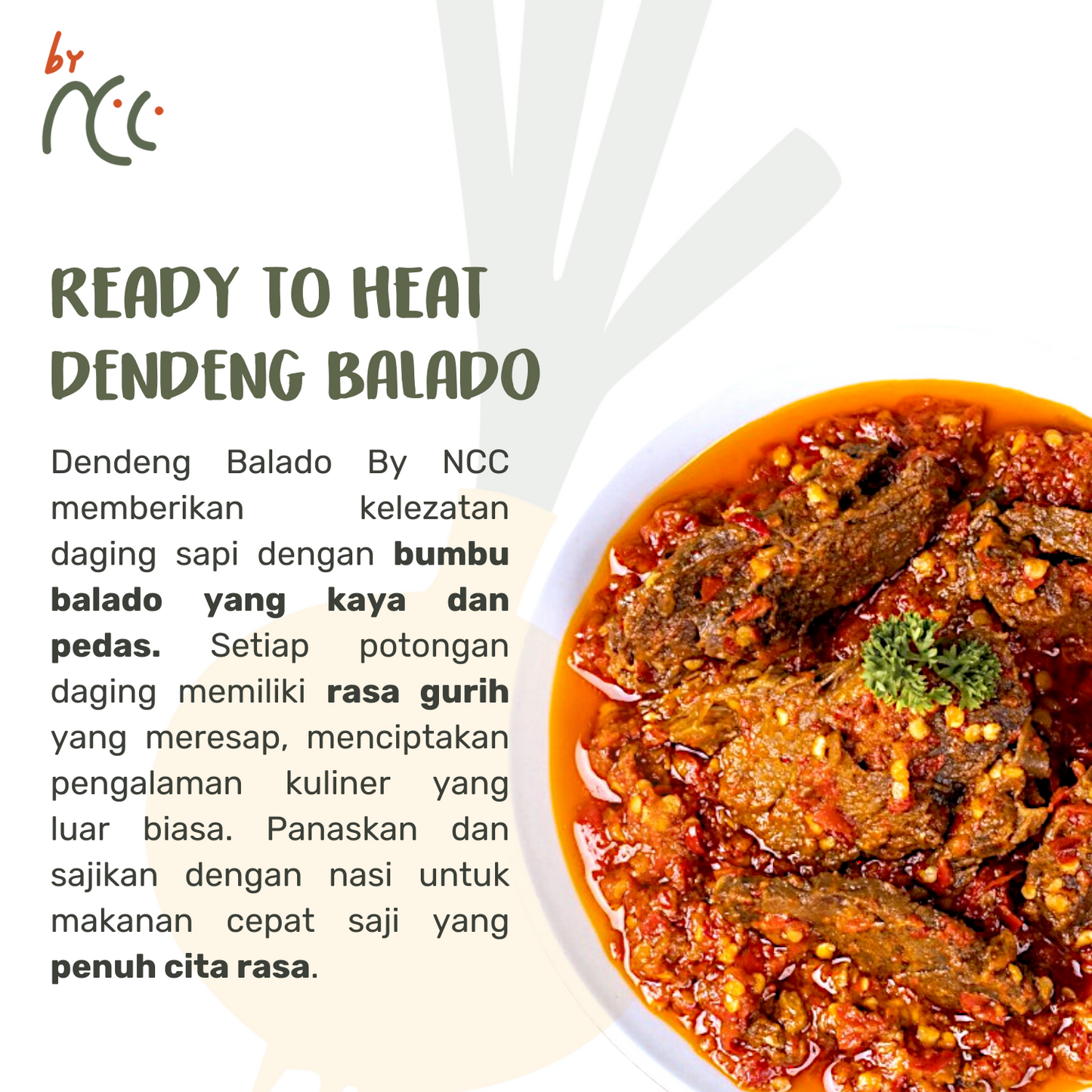 Dendeng Balado Ready To Heat by NCC, spicy and savory Indonesian beef dish with rich balado sauce served in a bowl.