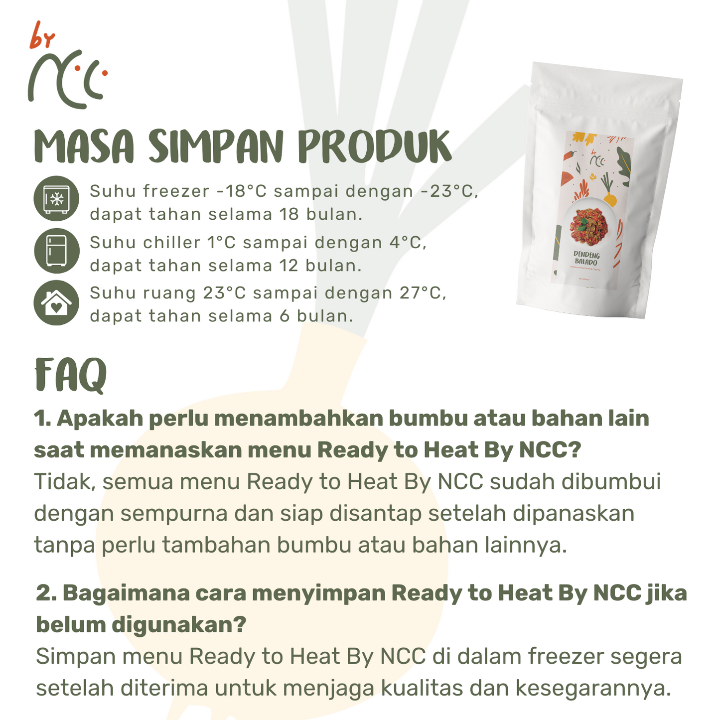 Dendeng Balado Ready To Heat by NCC in sealed packaging with storage instructions and FAQ details