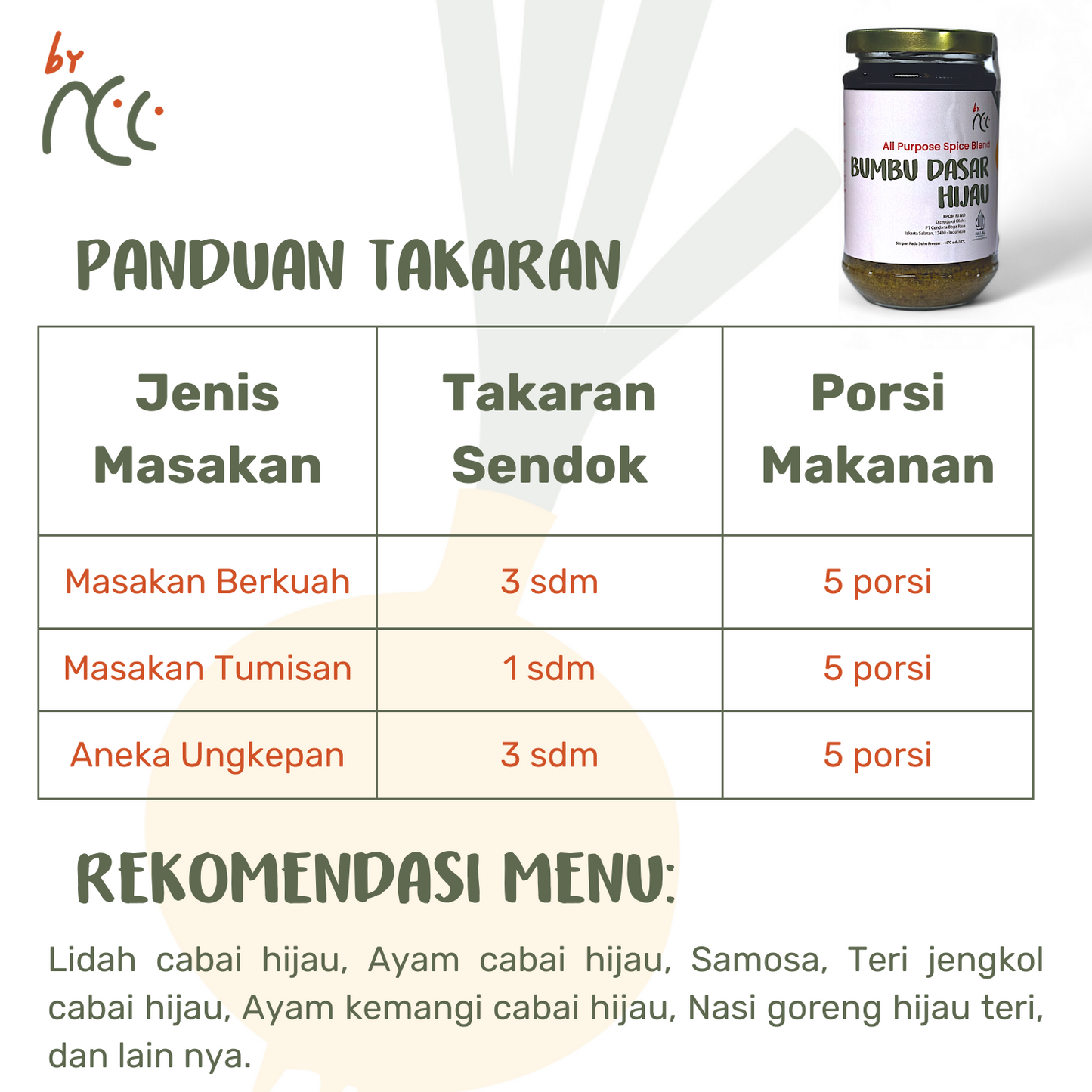 Bumbu Dasar Hijau By NCC jar with serving guide and recommended dishes for flavorful green chili seasoning