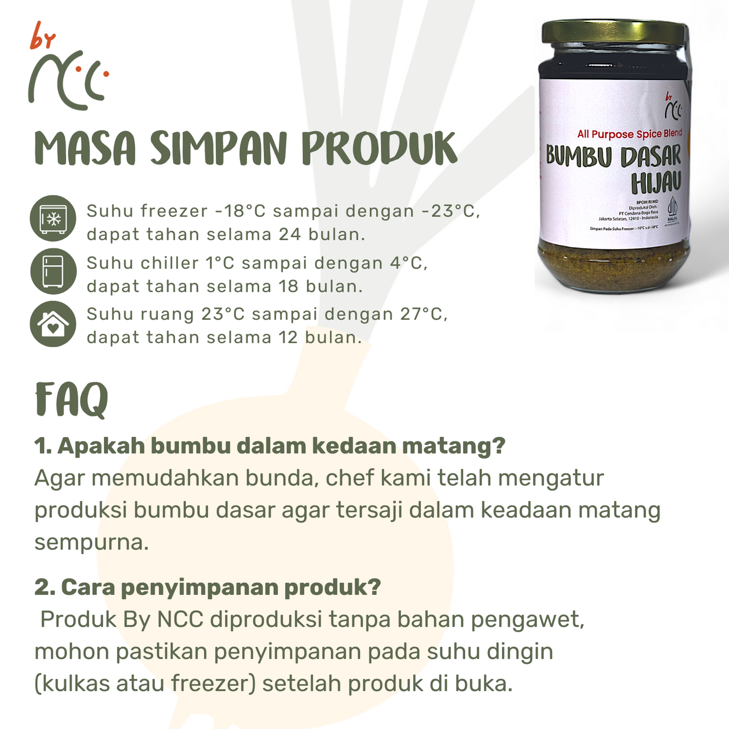 Jar of Bumbu Dasar Hijau By NCC spice blend with storage instructions and product FAQs.