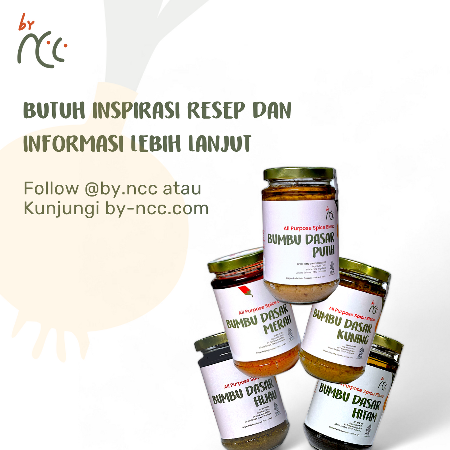 Bumbu Dasar Hijau By NCC jar with various spice base jars arranged, promoting flavorful, practical, and healthy cooking options