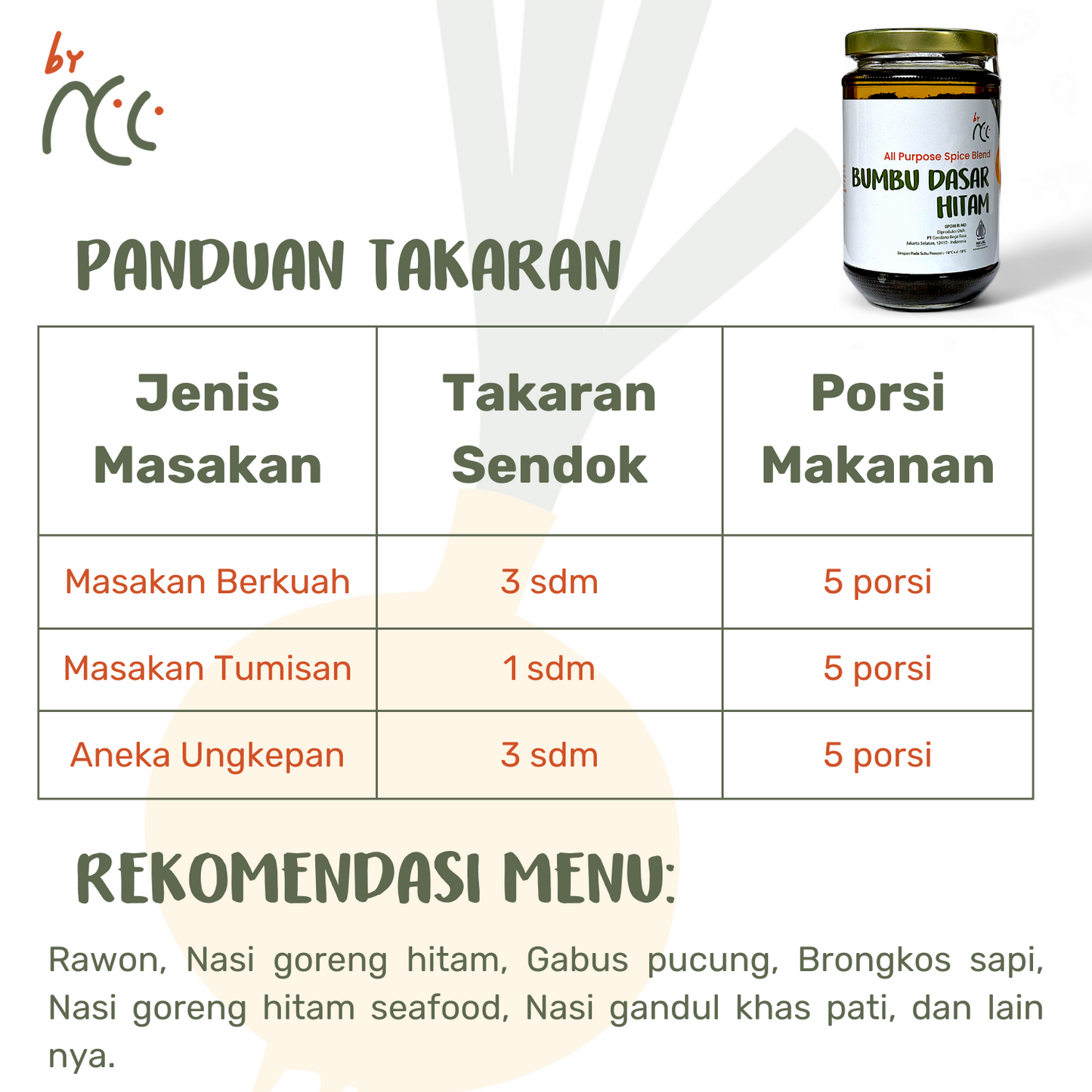 Jar of Bumbu Dasar Hitam By NCC with usage guide and menu recommendations for authentic Indonesian dishes