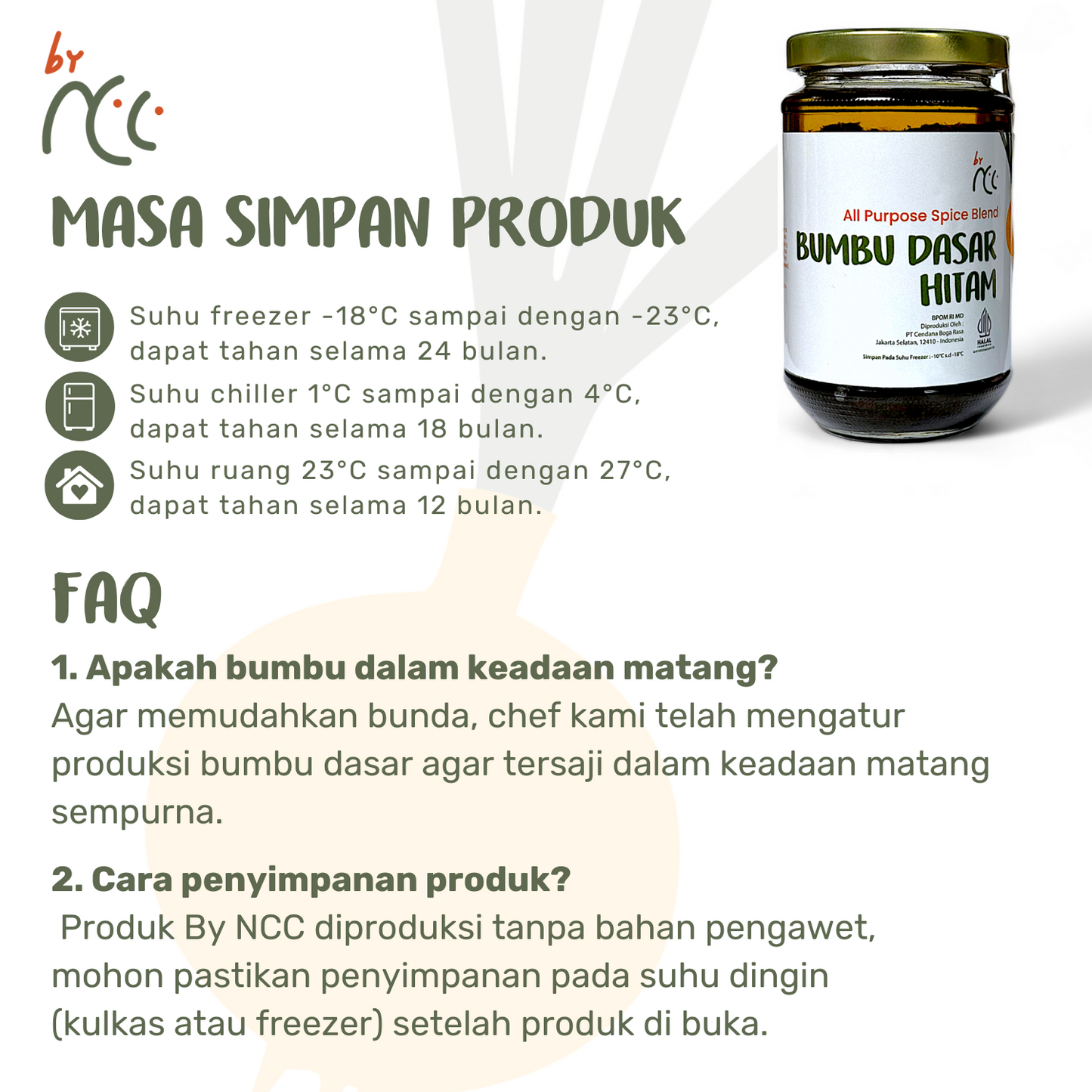 Jar of Bumbu Dasar Hitam By NCC with storage instructions and product FAQs for practical and delicious cooking solutions