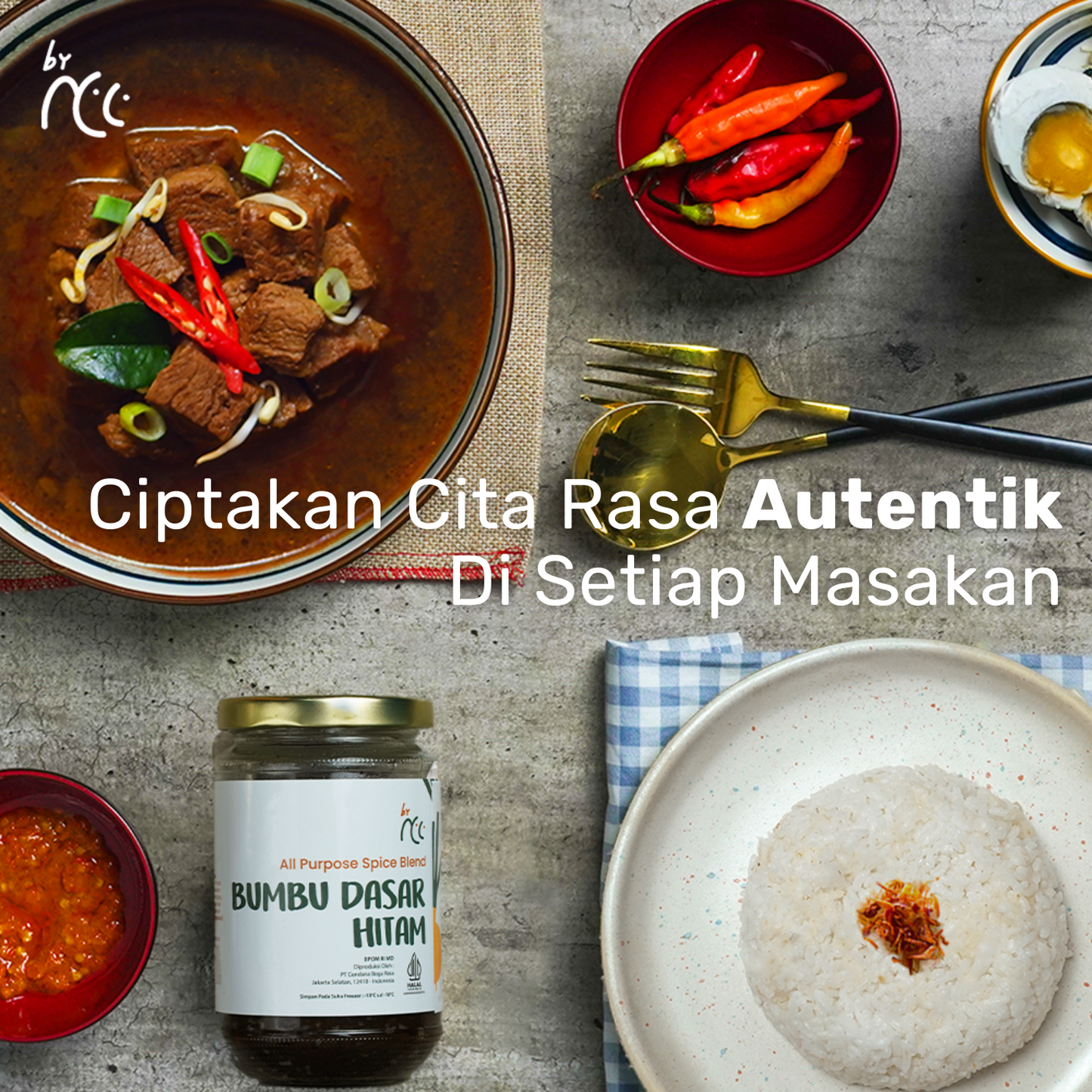 Jar of Bumbu Dasar Hitam by NCC with authentic Indonesian dishes and chili peppers on table setting