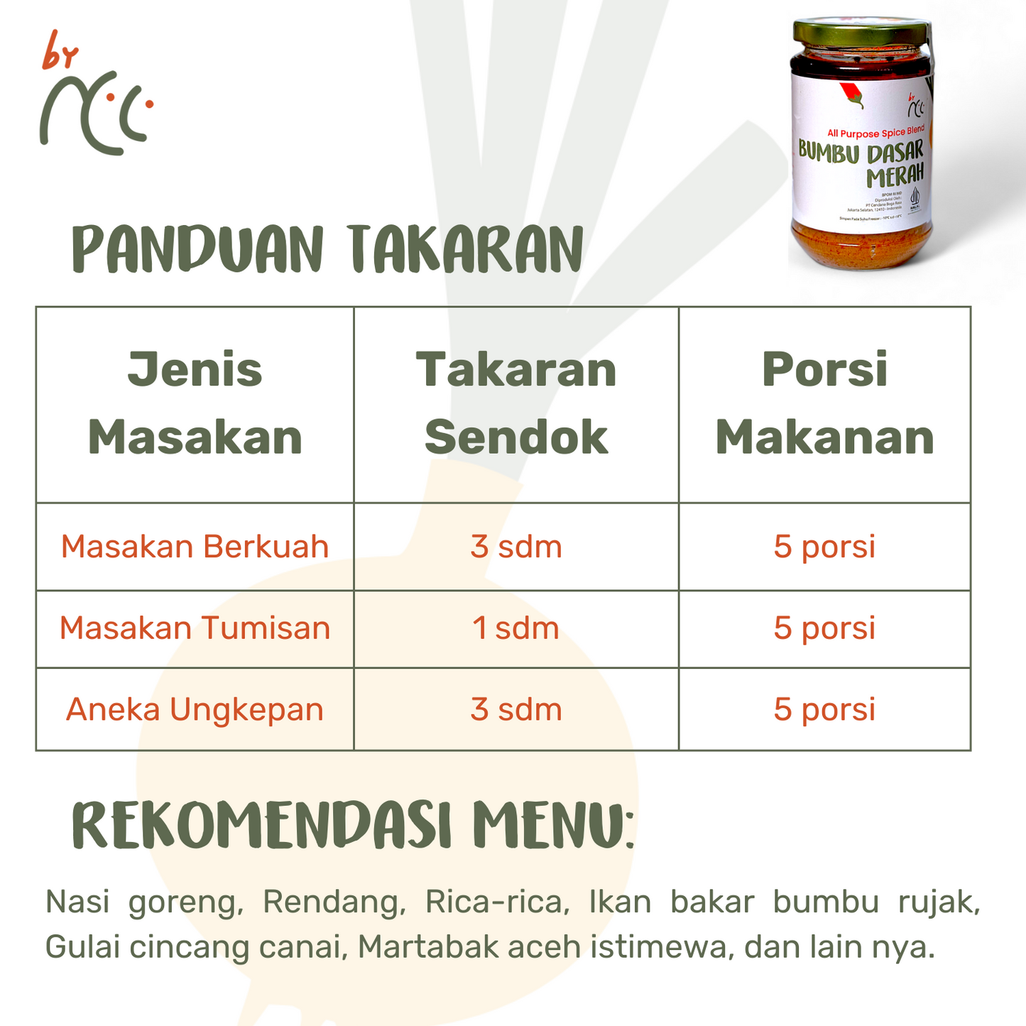 By NCC Bumbu Dasar Merah jar with usage guide for spicy Indonesian dishes like nasi goreng and rendang