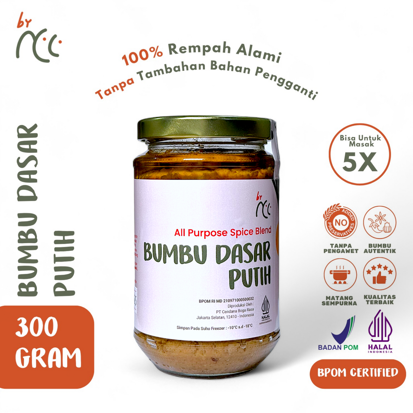 Jar of By NCC Bumbu Dasar Putih all purpose spice blend with 300 grams, natural ingredients, halal and BPOM certified