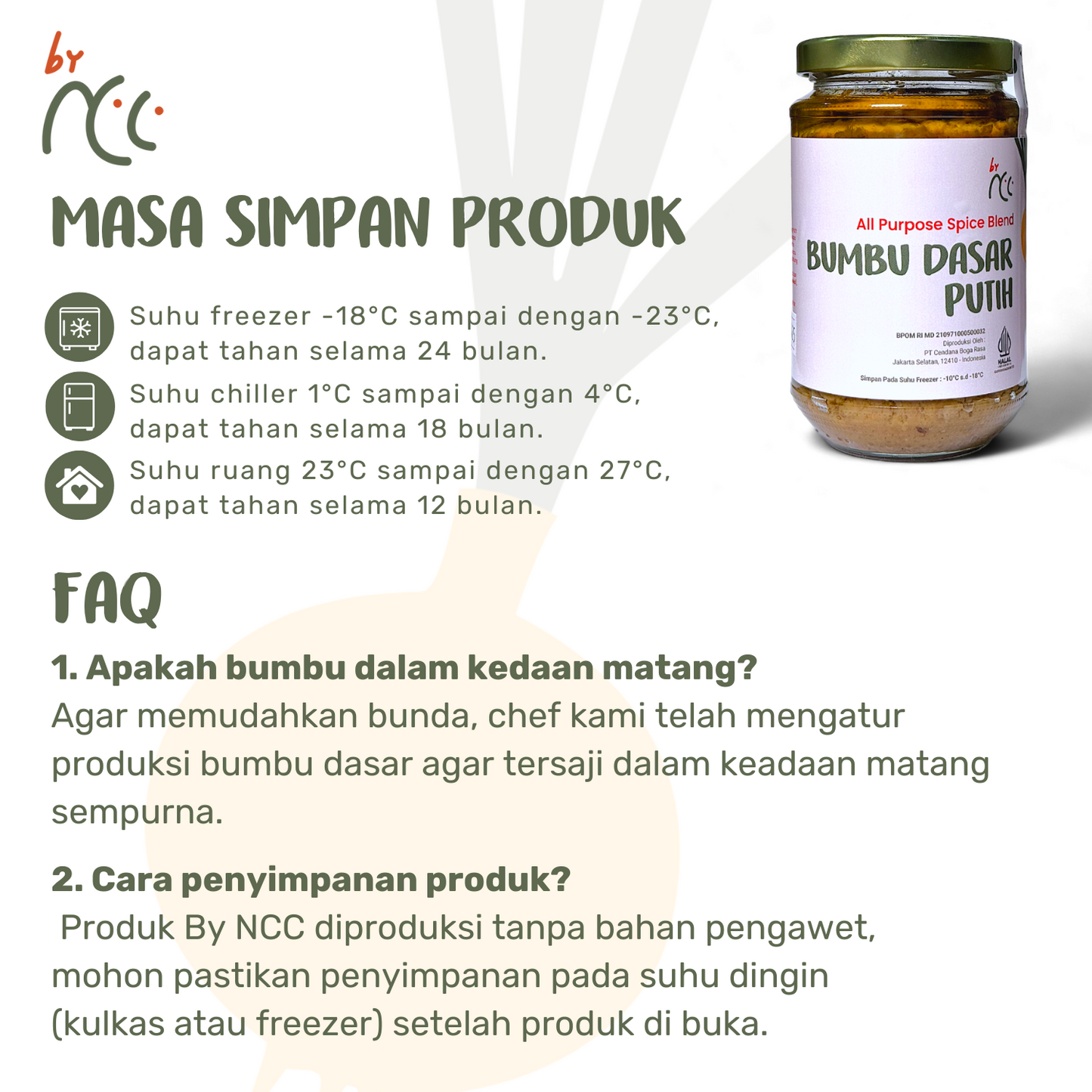 Jar of By NCC Bumbu Dasar Putih all-purpose spice blend with storage and FAQ details in Indonesian text