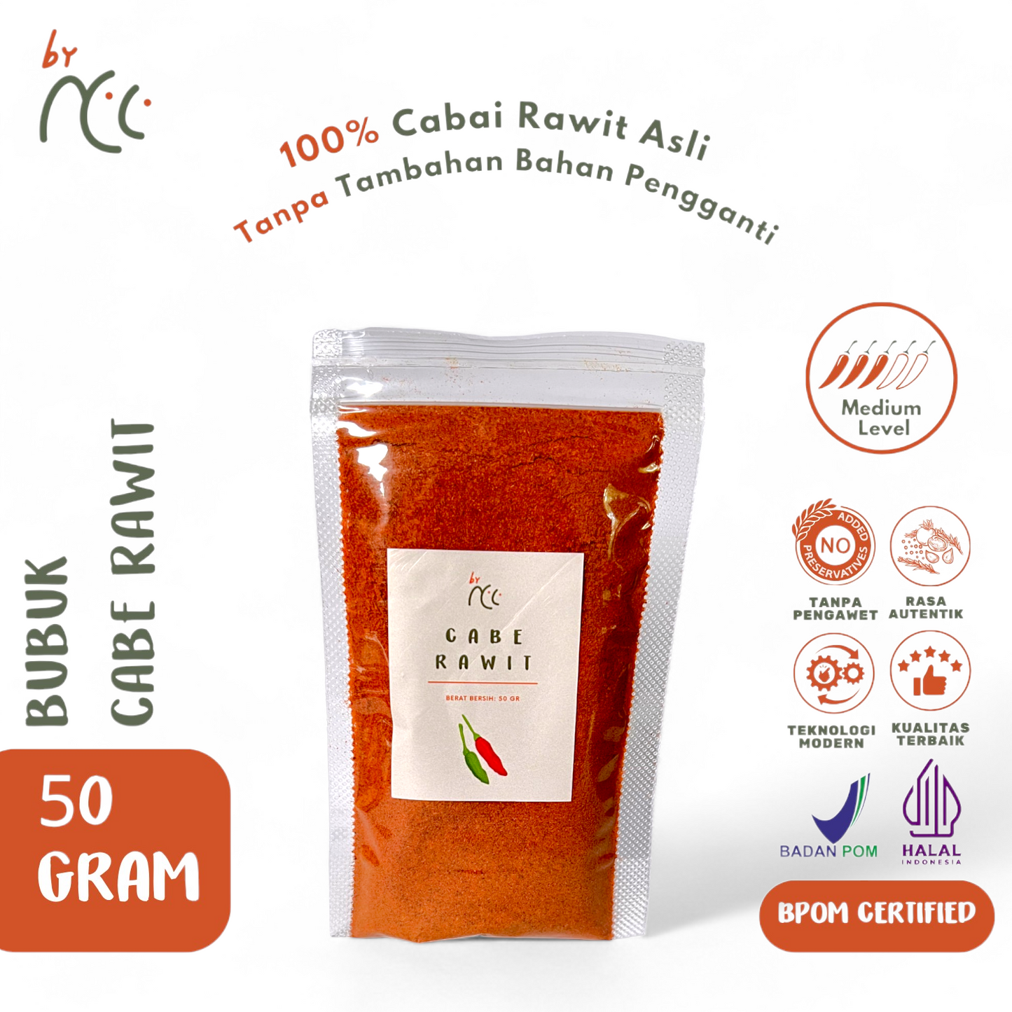 By NCC Bubuk Kering Cabe Rawit 50gr, 100% pure chili powder, no preservatives, halal certified, medium spice level, authentic flavor