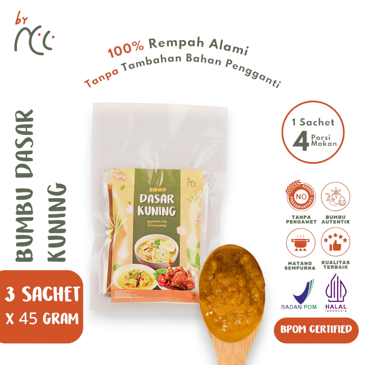 By NCC Bumbu Dasar Kuning Kemasan Sachet 135gr with 3 sachets of authentic turmeric-based seasoning, halal and BPOM certified, natural ingredients, perfect for Indonesian dishes