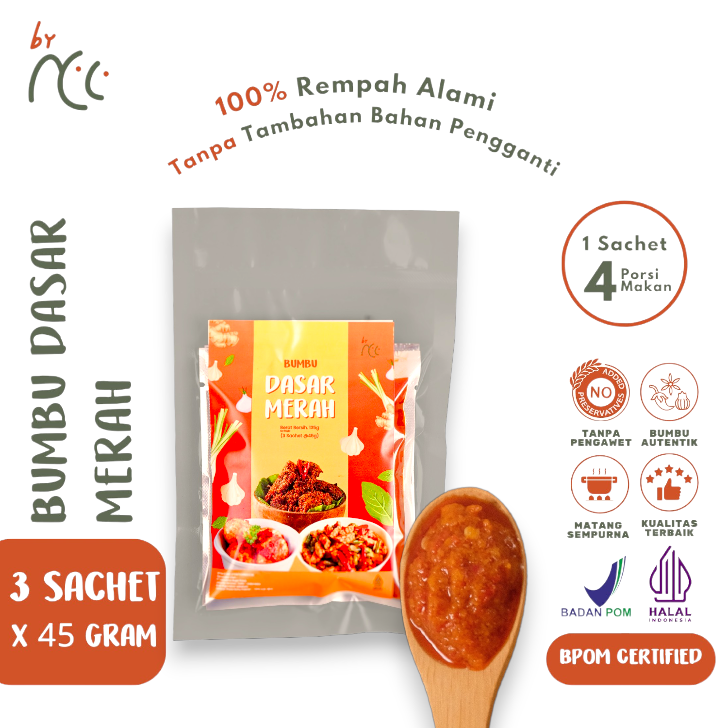 By NCC Bumbu Dasar Merah Kemasan Sachet 135gr with 3 sachets x 45g, authentic red chili spice paste for cooking Indonesian dishes, BPOM certified and halal.