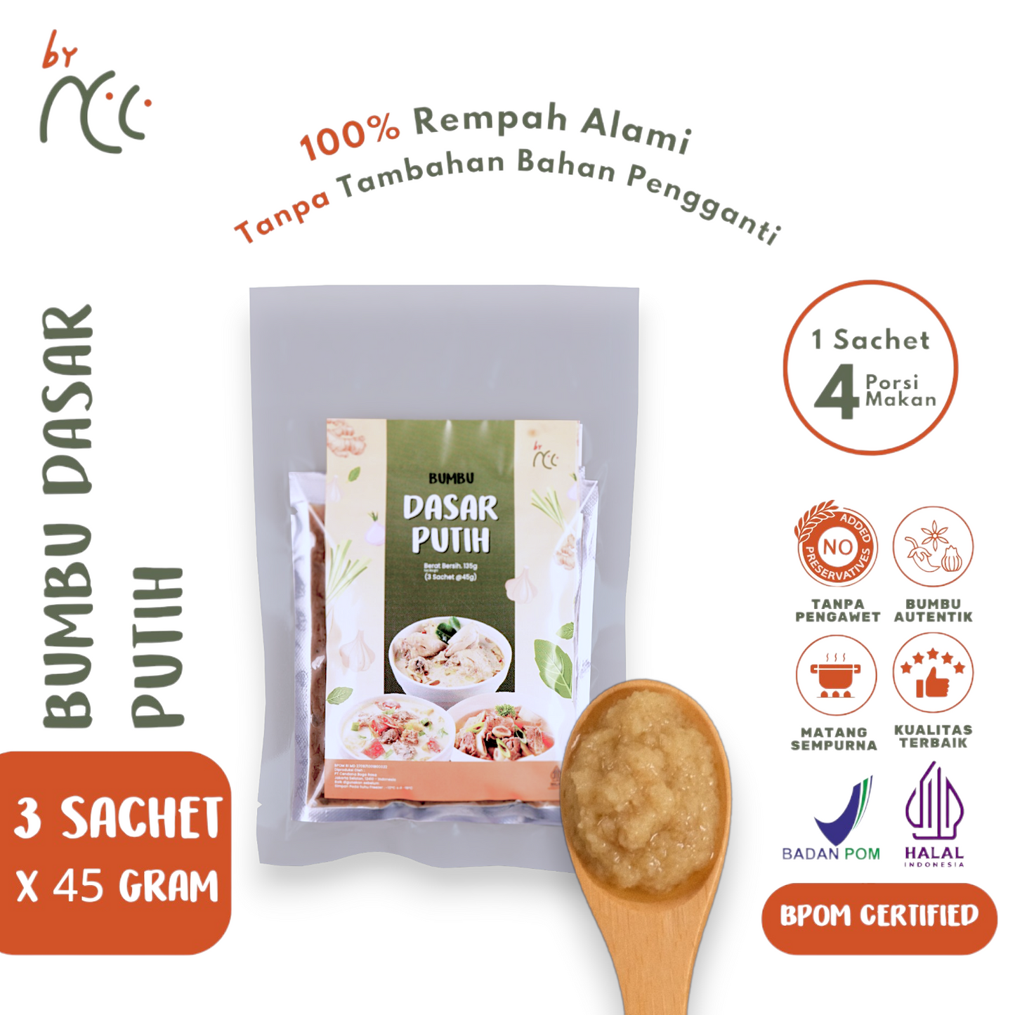 By NCC Bumbu Dasar Putih Kemasan Sachet 135gr with 3 sachets, natural white seasoning paste for authentic Indonesian dishes, BPOM and Halal certified