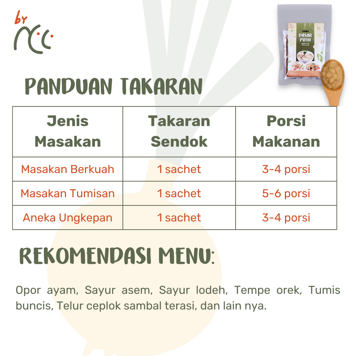 By NCC Bumbu Dasar Putih Kemasan Sachet 135gr for cooking opor ayam, sayur asem, and sayur lodeh with serving guide and recipe recommendations