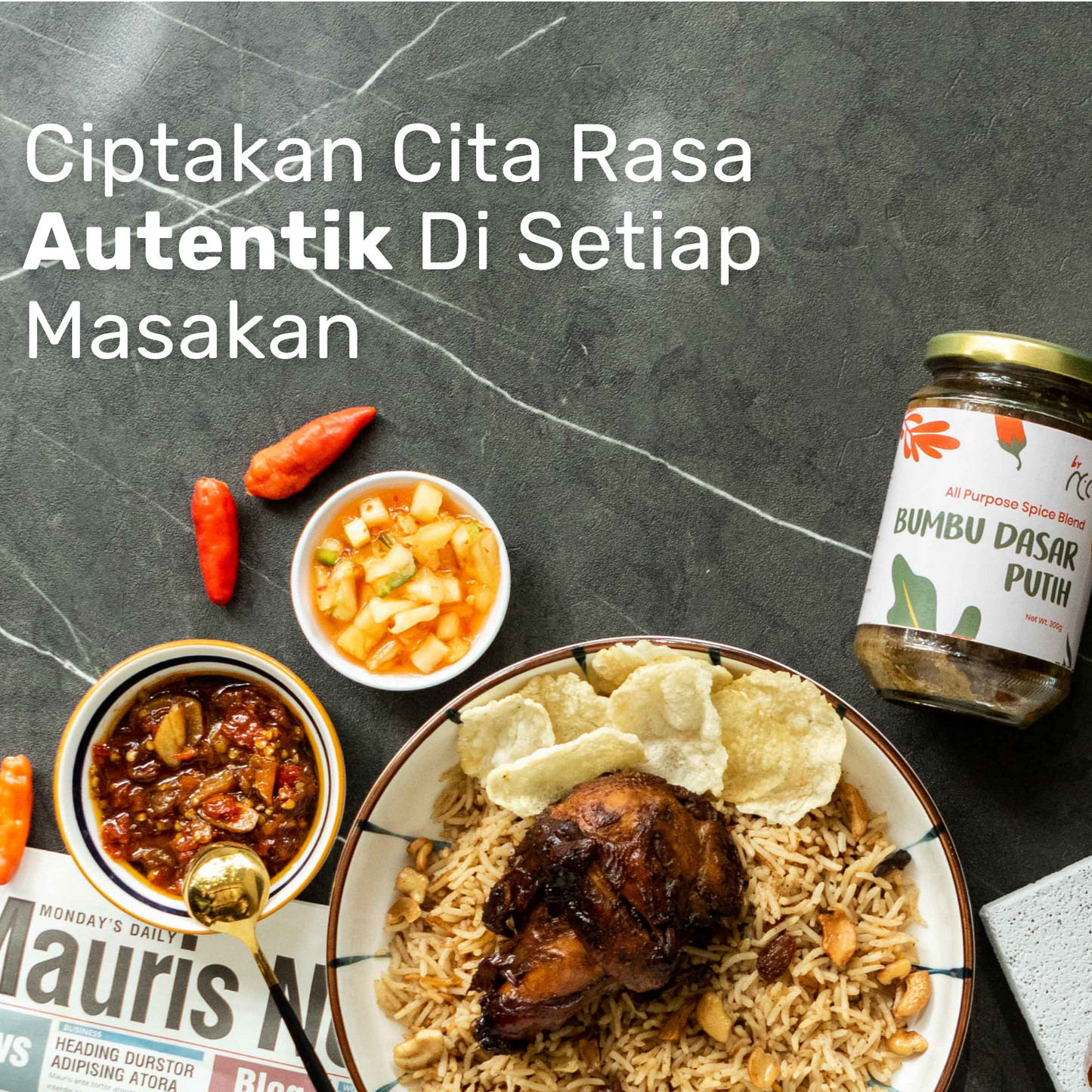 By NCC Bumbu Dasar Putih Kemasan Sachet 135gr with authentic Indonesian dishes including rice, chicken, sambal, and chili peppers on dark background