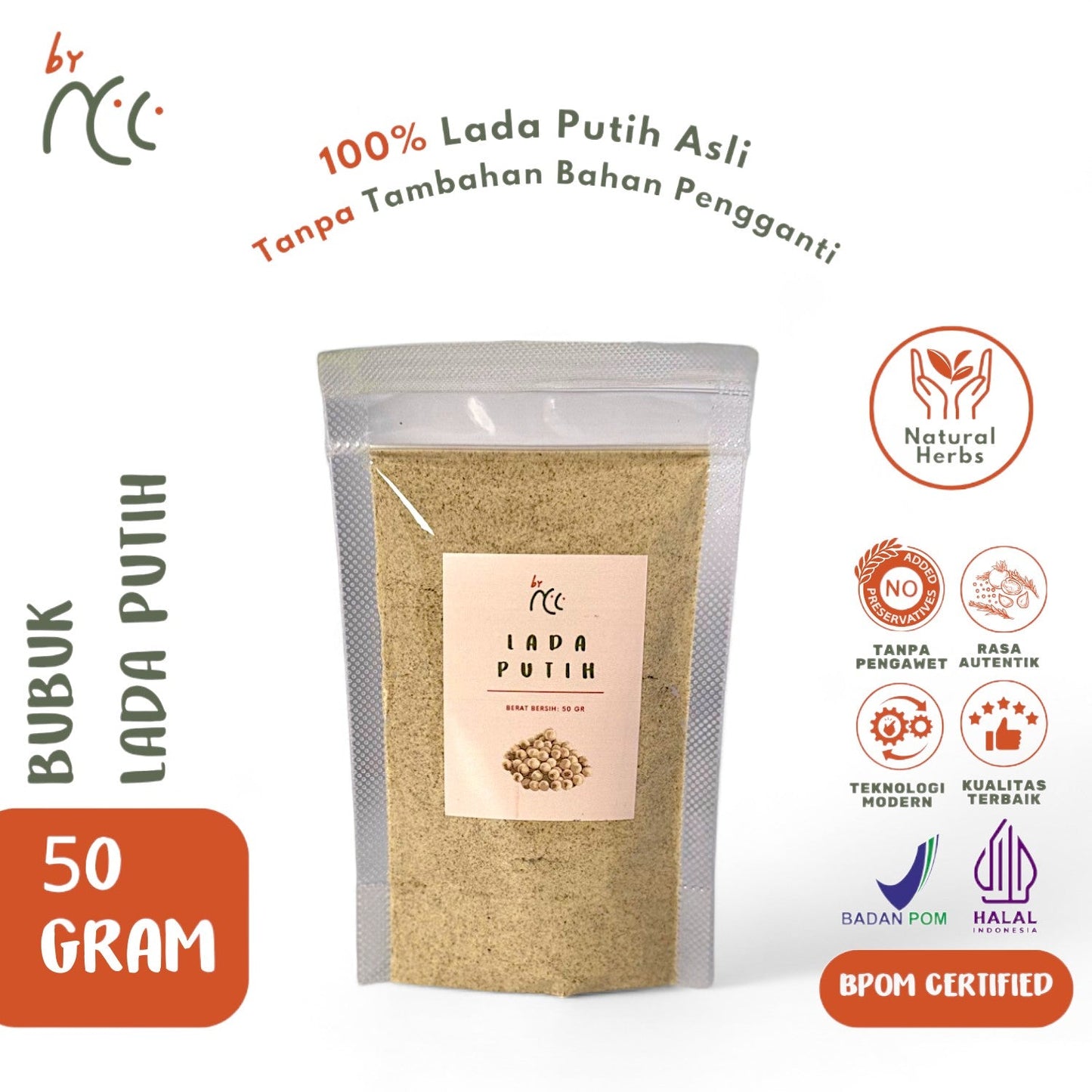 By NCC Bubuk Kering Tabur Rempah Lada Putih Bubuk 50gr, 100% pure white pepper powder, natural herbs, no preservatives, halal certified, BPOM certified, authentic flavor seasoning
