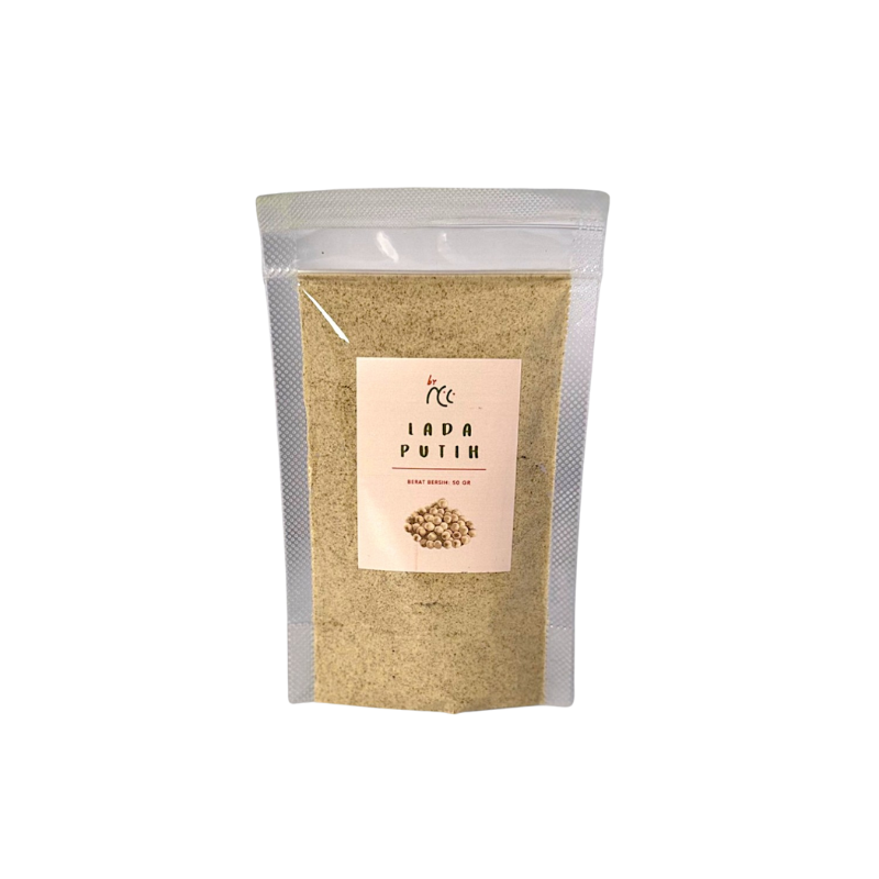 By NCC Bubuk Kering Tabur Rempah Lada Putih Bubuk 50gr packaging front view white pepper powder pouch