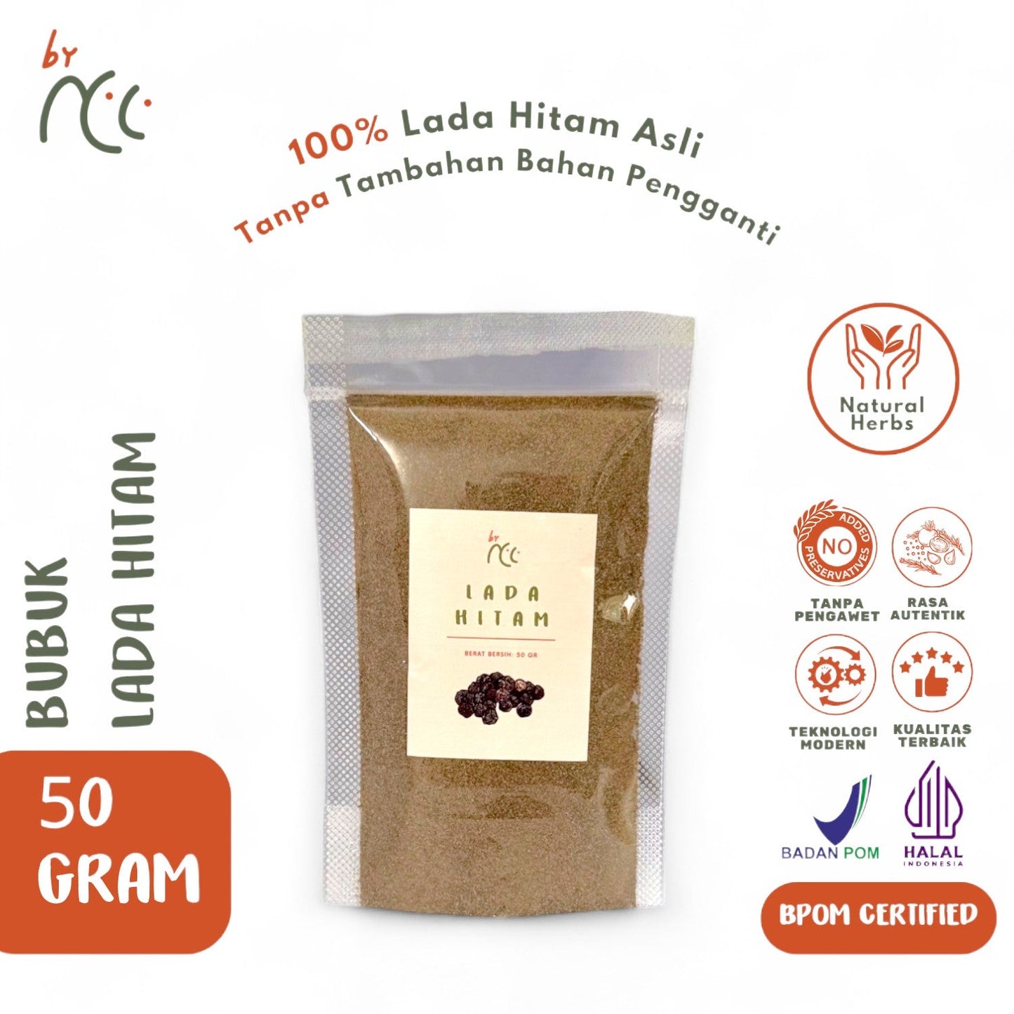 By NCC Bubuk Kering Tabur Rempah Lada Hitam Bubuk 50gr, 100% pure black pepper powder, preservative-free, halal certified, natural cooking spice