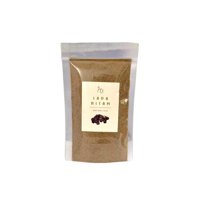 By NCC Bubuk Kering Tabur Rempah Lada Hitam Bubuk 50gr in clear resealable pouch, pure black pepper powder without preservatives, MSG or chemicals, cooking spice enhancer