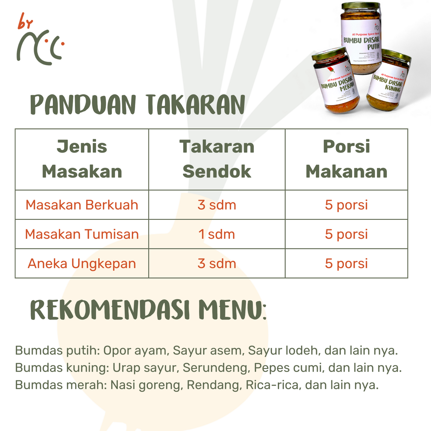 Bundling three jars of Bumbu Dasar Instan Merah, Kuning, Putih by NCC with portion and usage guide for various Indonesian dishes