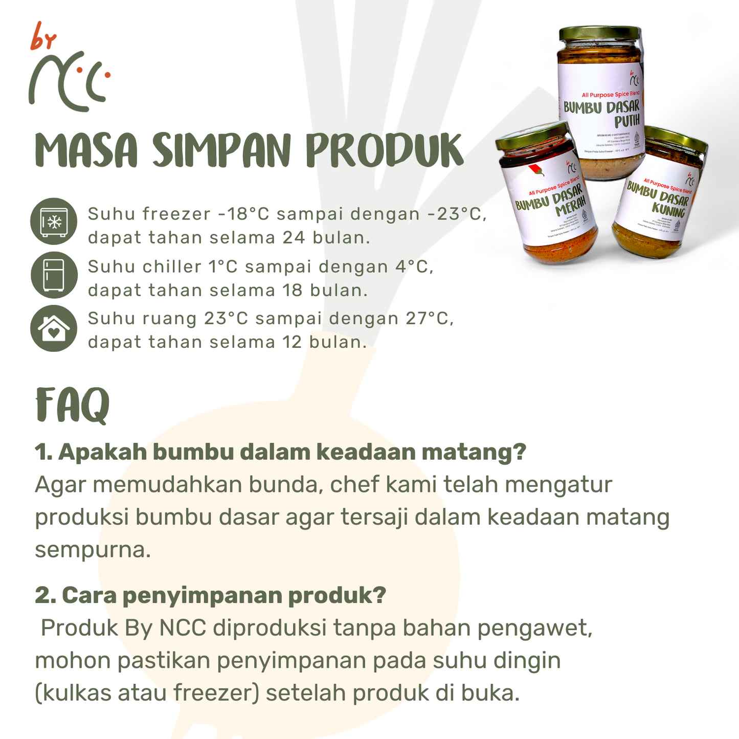 Set of 3 By NCC Bumbu Dasar Instan Bundling Merah Kuning Putih jars with storage and FAQ details