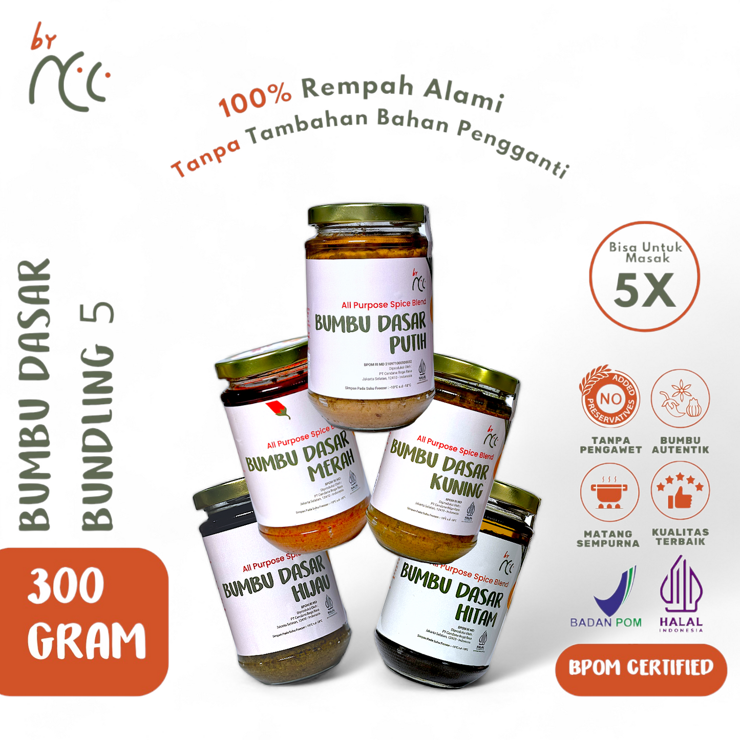 Bundling 5 Bumbu Dasar Instan Favorit Premium Termurah by NCC with 300 grams, authentic natural spices, halal and BPOM certified, suitable for various Indonesian dishes.