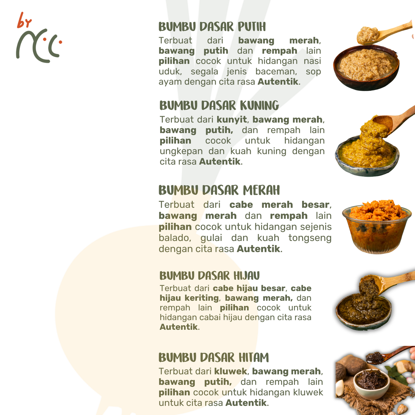 Bundling 5 Bumbu Dasar Instan premium termurah dengan rasa autentik, terdiri dari bumbu putih, kuning, merah, hijau, dan hitam lengkap untuk berbagai masakan Indonesia.