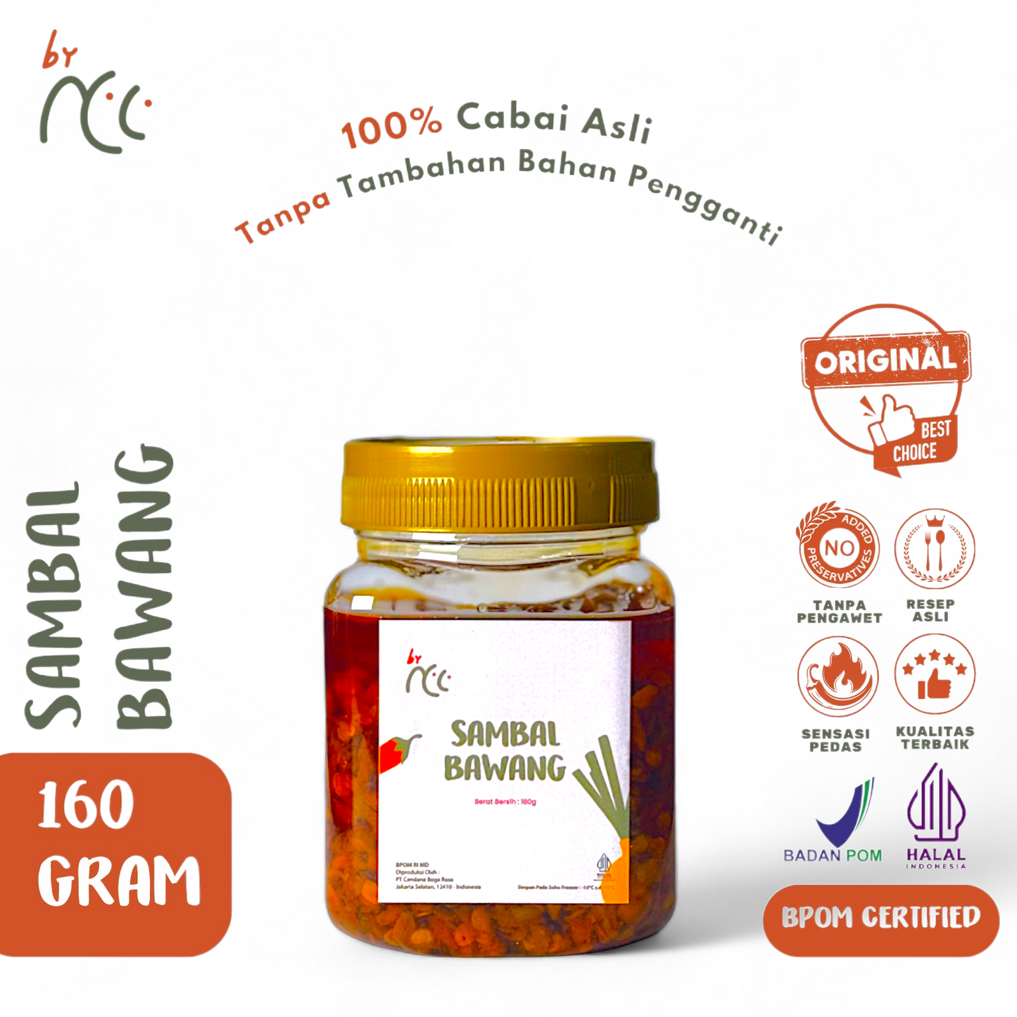 Jar of By NCC Sambal Bawang spicy onion chili sauce with 160 grams, 100% real chili, no preservatives, BPOM and halal certified