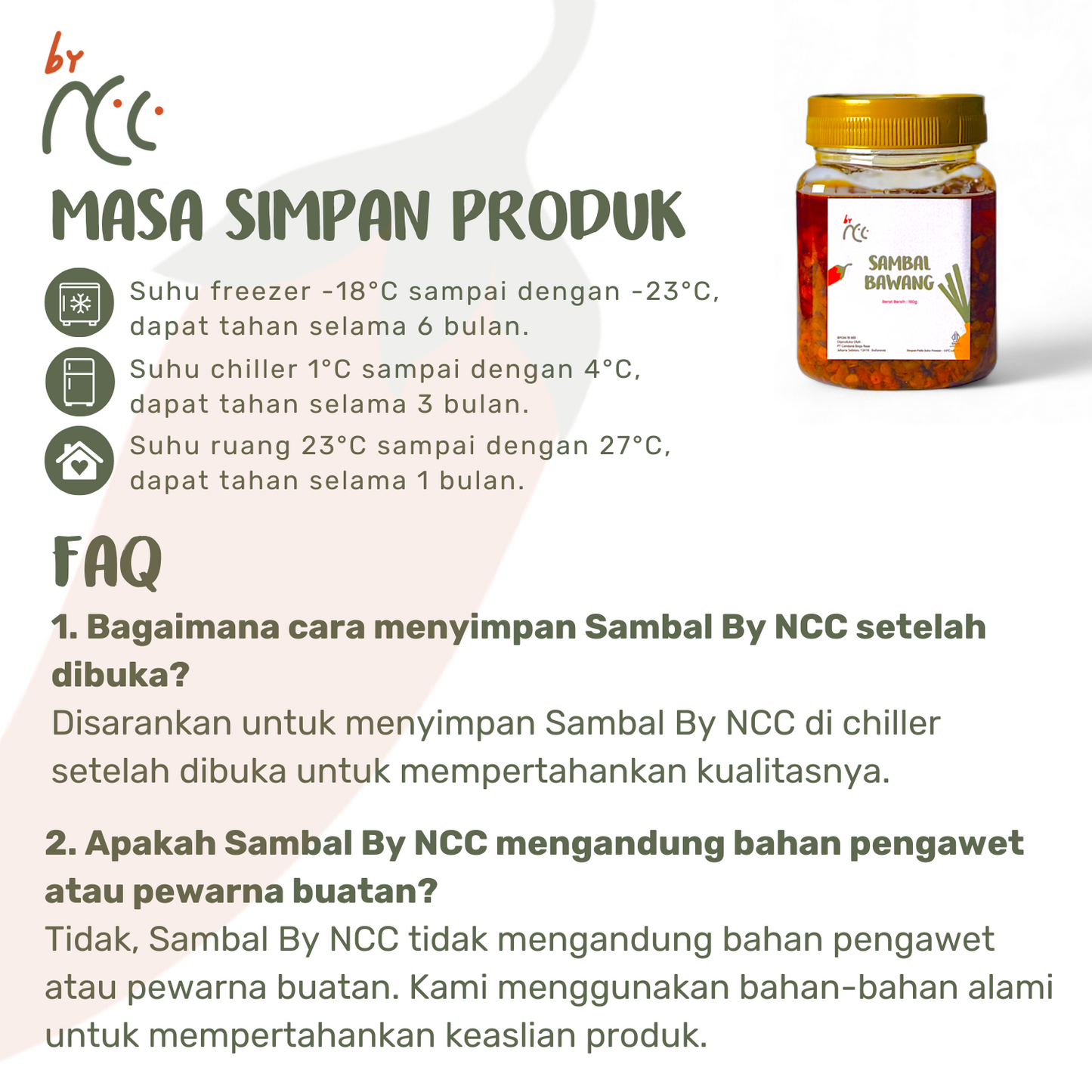 Jar of By NCC Sambal Bawang spicy garlic chili sauce with storage instructions and FAQ on preservation and natural ingredients