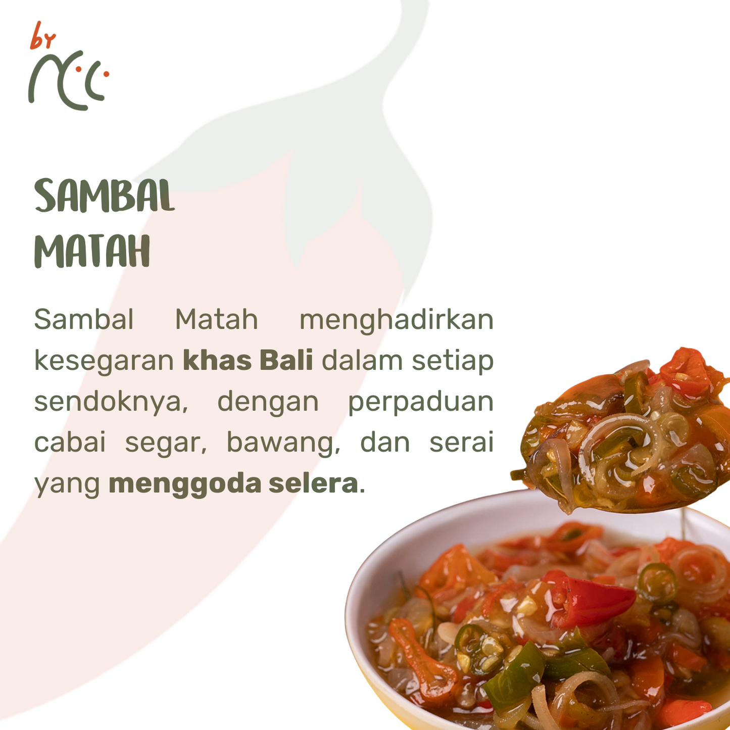 Sambal Matah by NCC with fresh chili, shallots, and lemongrass, authentic Bali spicy condiment in a bowl with a spoonful.