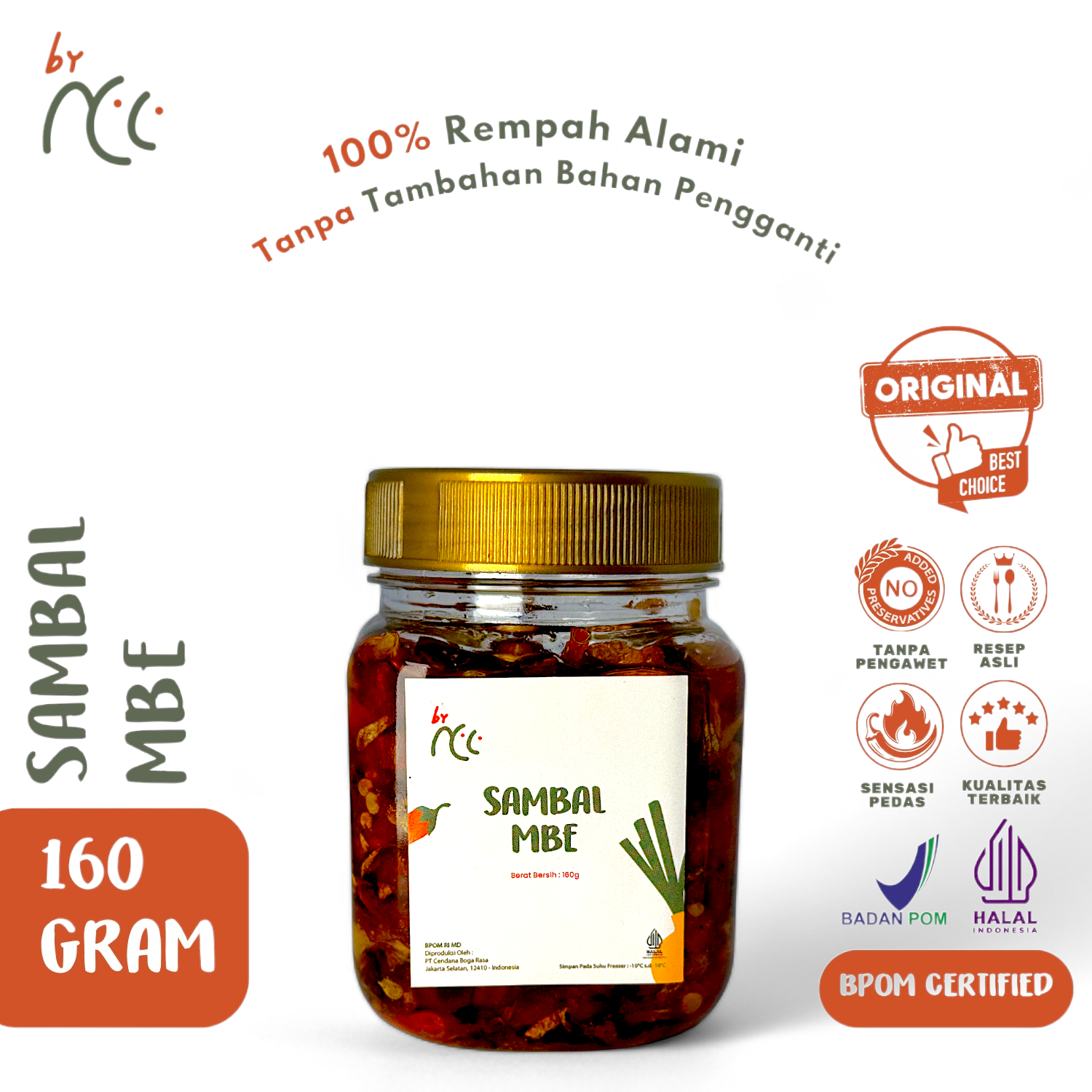 Jar of By NCC Sambal Mbe spicy savory homemade Balinese fried onion sambal with natural spices and no preservatives, 160 gram packaging