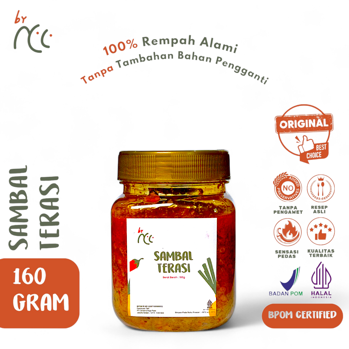 By NCC Sambal Terasi Pedas Gurih Rumahan 160g jar with natural spices and halal certification