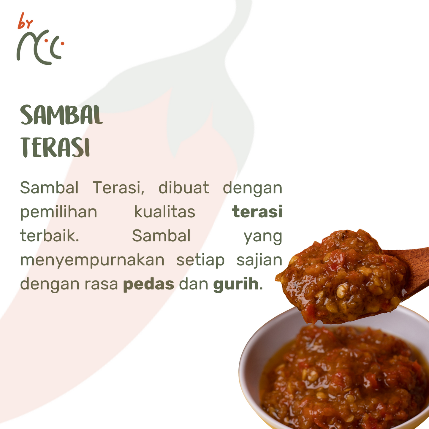 By NCC Sambal Terasi spicy and savory Indonesian chili paste with high-quality terasi, traditional Sundanese sambal ulek in wooden spoon and bowl