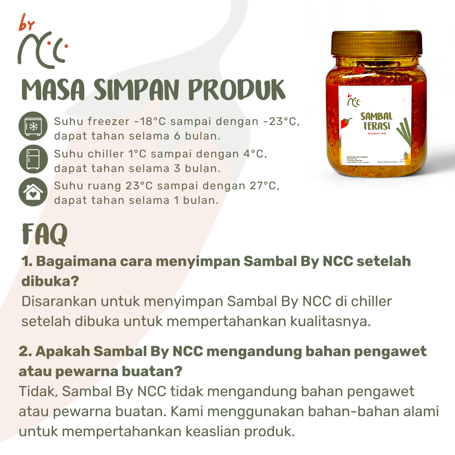 Jar of By NCC Sambal Terasi Pedas Gurih Rumahan Sambel Ulek Lalap Goreng Khas Sunda with product storage and FAQ details background