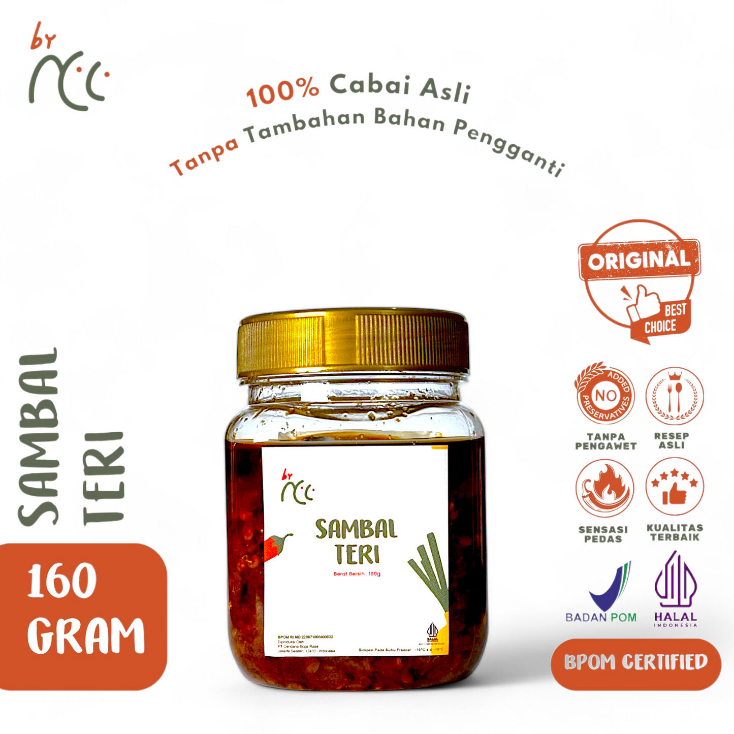 By NCC Sambal Teri Gurih Pedas Rumahan Sambel Teri Asin Medan 160 gram bottled spicy anchovy chili sauce with natural ingredients and halal certification