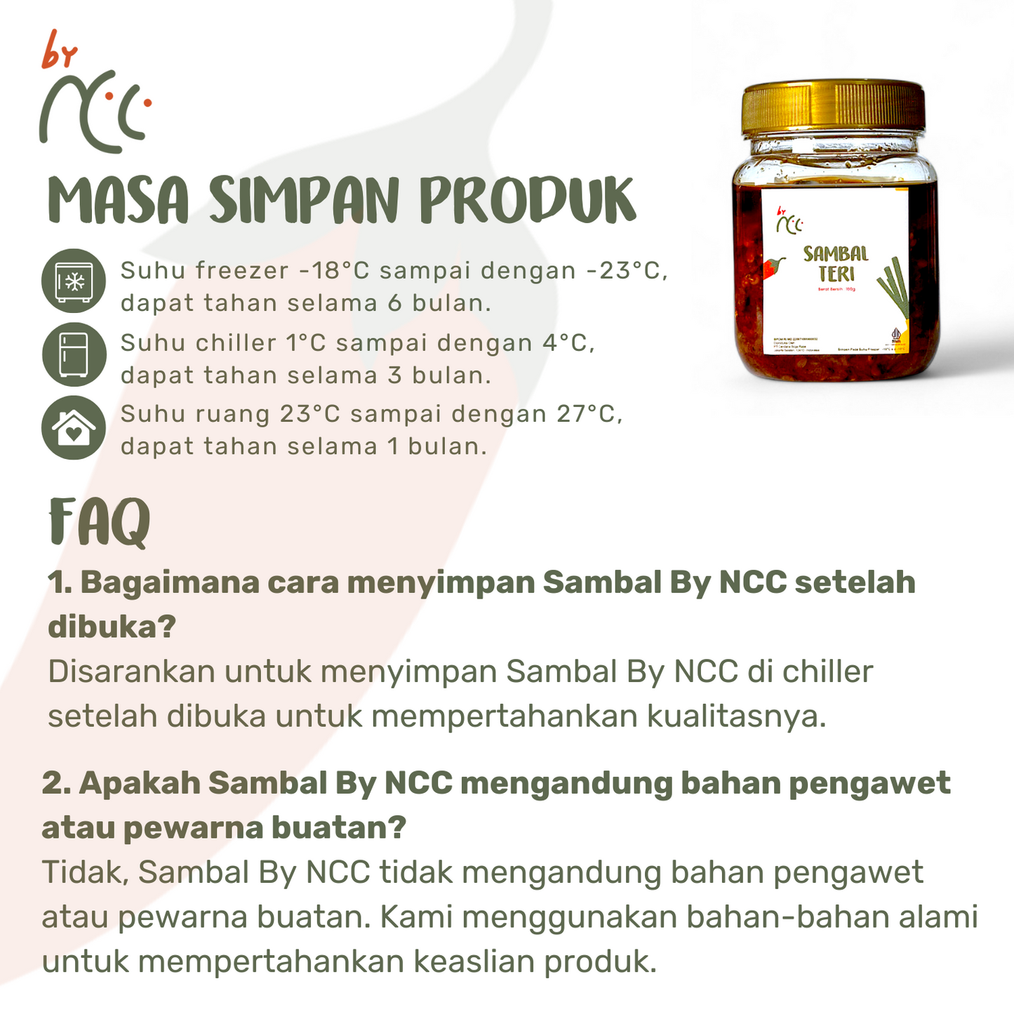 Jar of By NCC Sambal Teri Gurih Pedas Rumahan Sambel Teri Asin Medan with storage and FAQ details on product shelf life and natural ingredients.