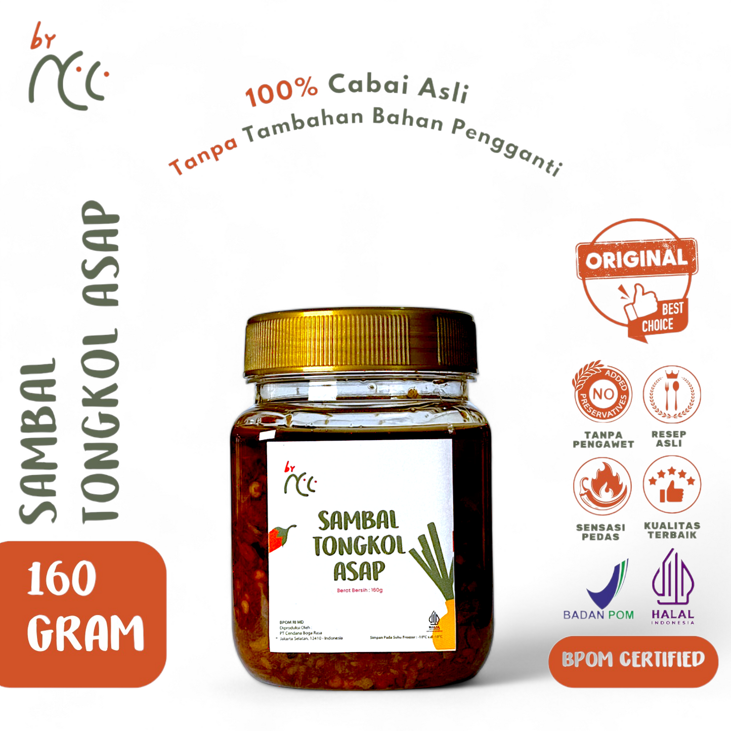 By NCC Sambal Tongkol Asap Pedas Gurih Rumahan 160g jar with natural smoky spicy fish chili sauce, halal and BPOM certified.
