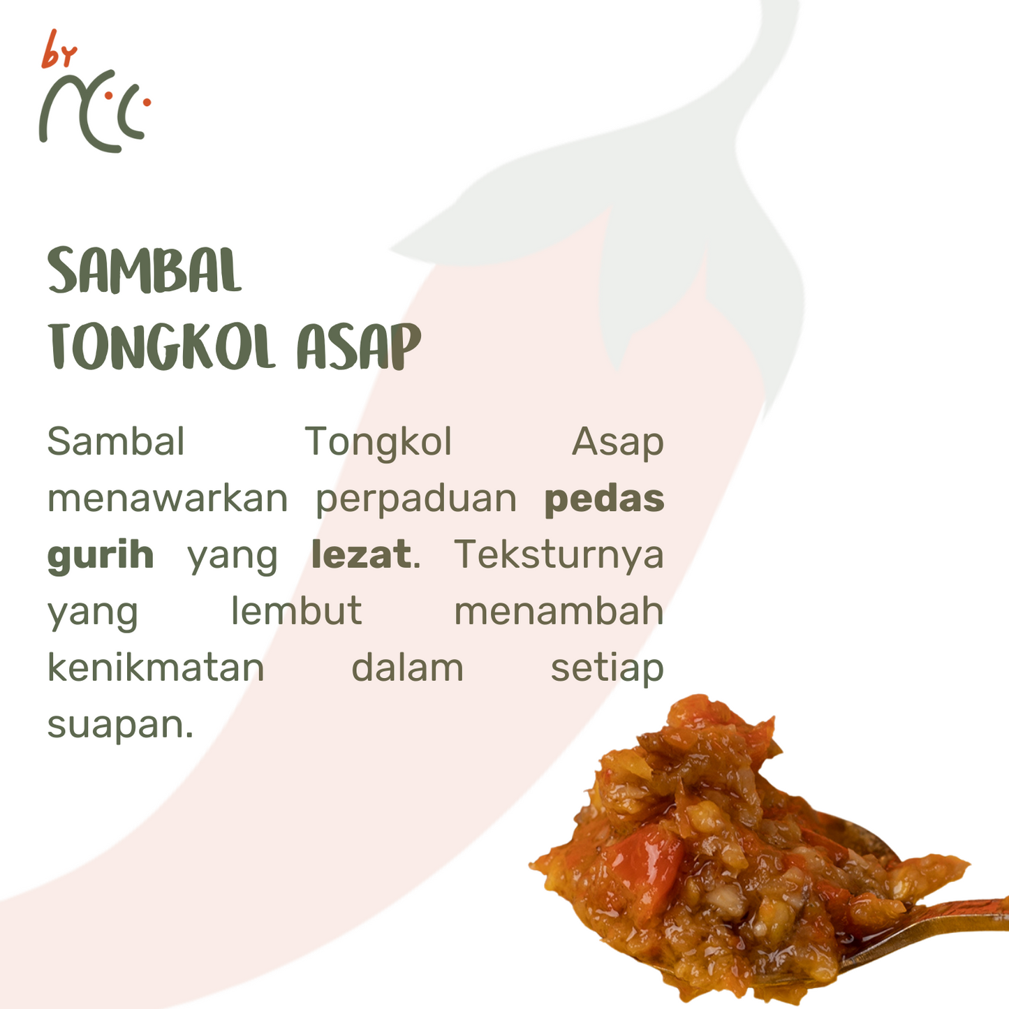 By NCC Sambal Tongkol Asap Pedas Gurih Rumahan with spicy smoked fish relish on spoon