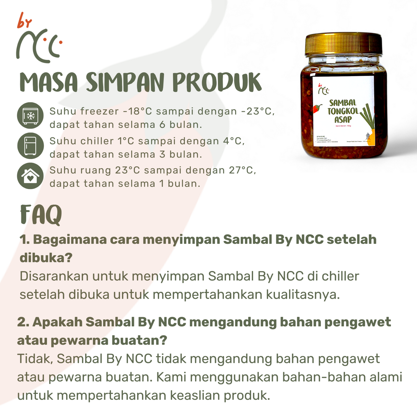 By NCC Sambal Tongkol Asap Pedas Gurih jar with product storage and FAQ details