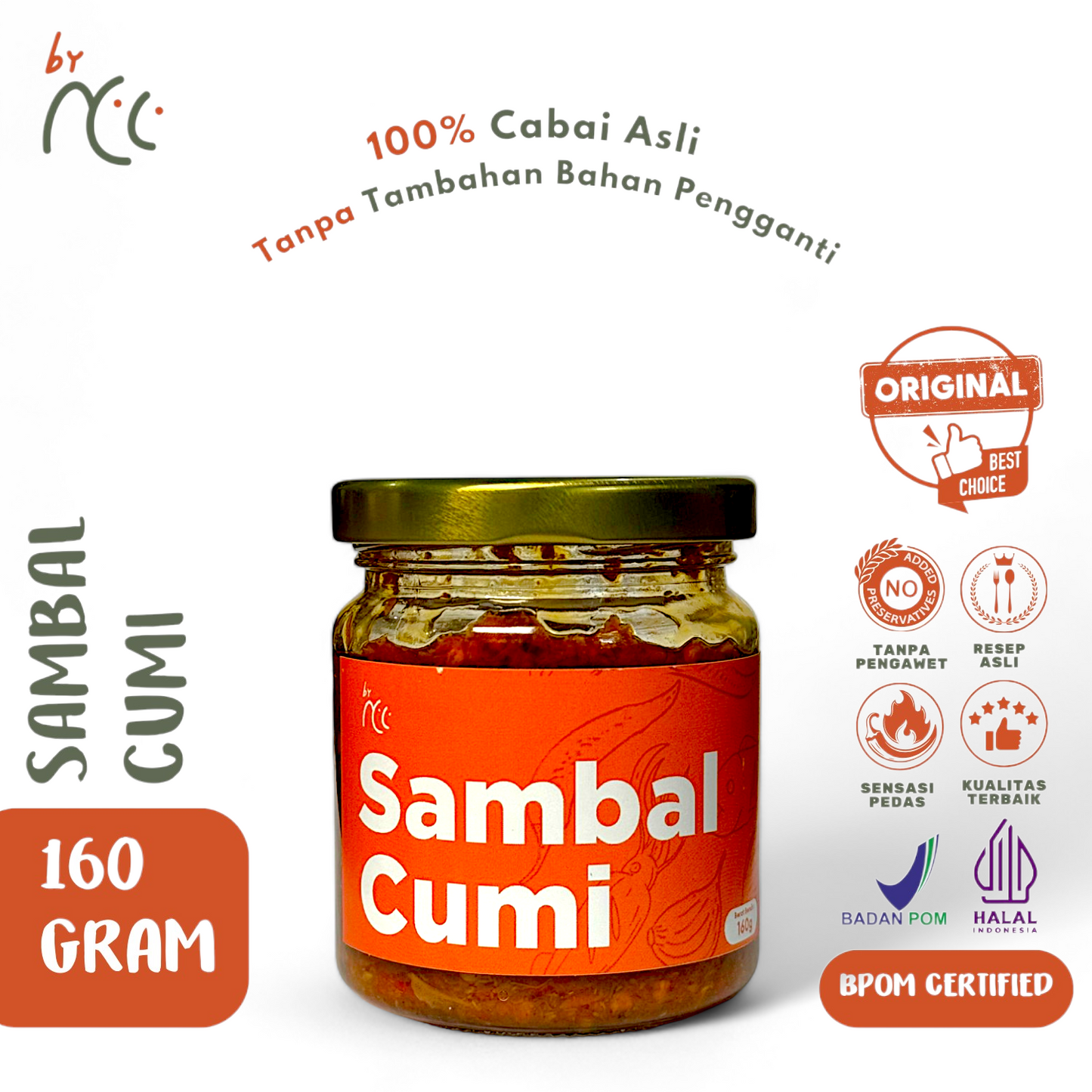 By NCC Sambal Cumi Pedas Gurih Rumahan 160g jar with original spicy squid chili sauce, halal and BPOM certified, no preservatives, natural ingredients