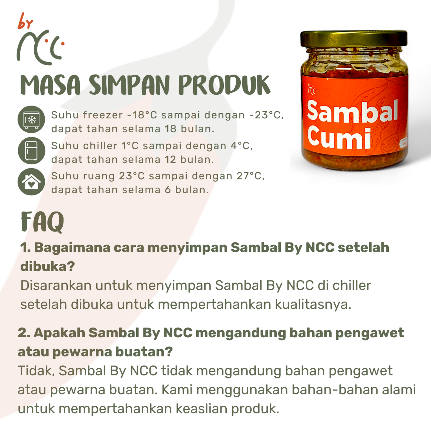 Jar of By NCC Sambal Cumi Pedas Gurih Rumahan spicy savory squid chili paste with storage and FAQ details in Indonesian text