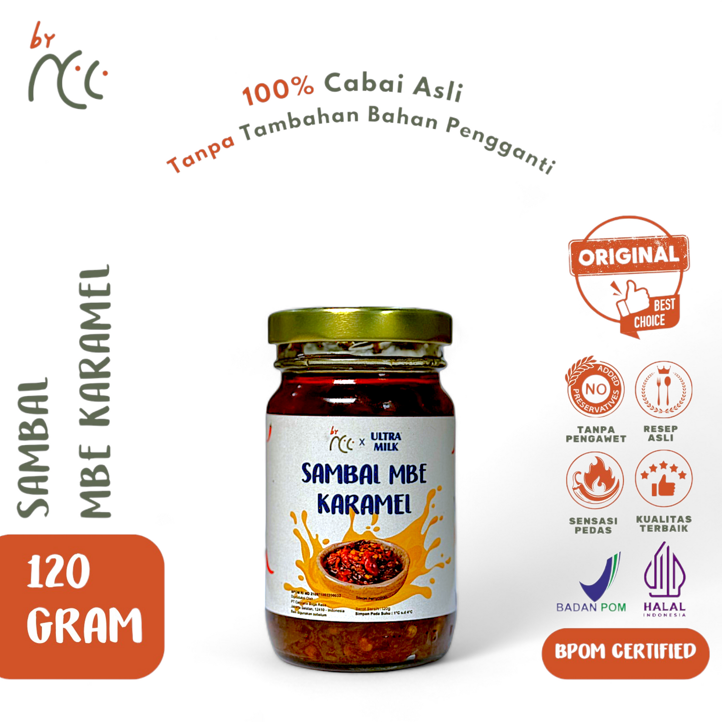 By NCC x Ultra Milk Sambal Mbe Karamel 120g jar with caramel milk chili sauce, 100% authentic chili, no preservatives, halal and BPOM certified