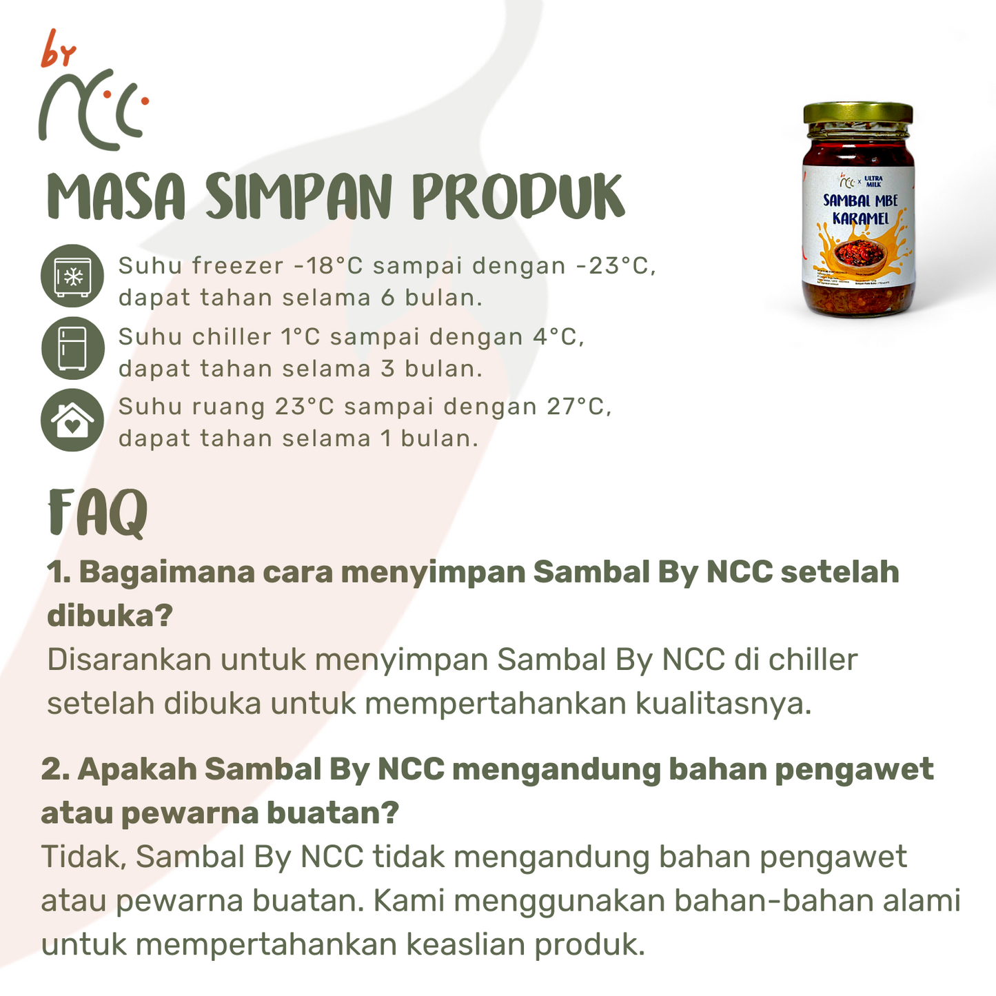 By NCC x Ultra Milk Sambal Mbe Karamel jar with caramel milk and spicy chili sauce, natural ingredients, storage instructions and FAQ text
