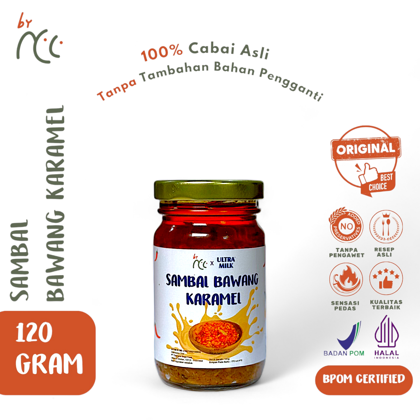 By NCC x Ultra Milk Sambal Bawang Karamel 120g jar with caramelized onion chili sauce, halal, BPOM certified, natural ingredients, no preservatives.