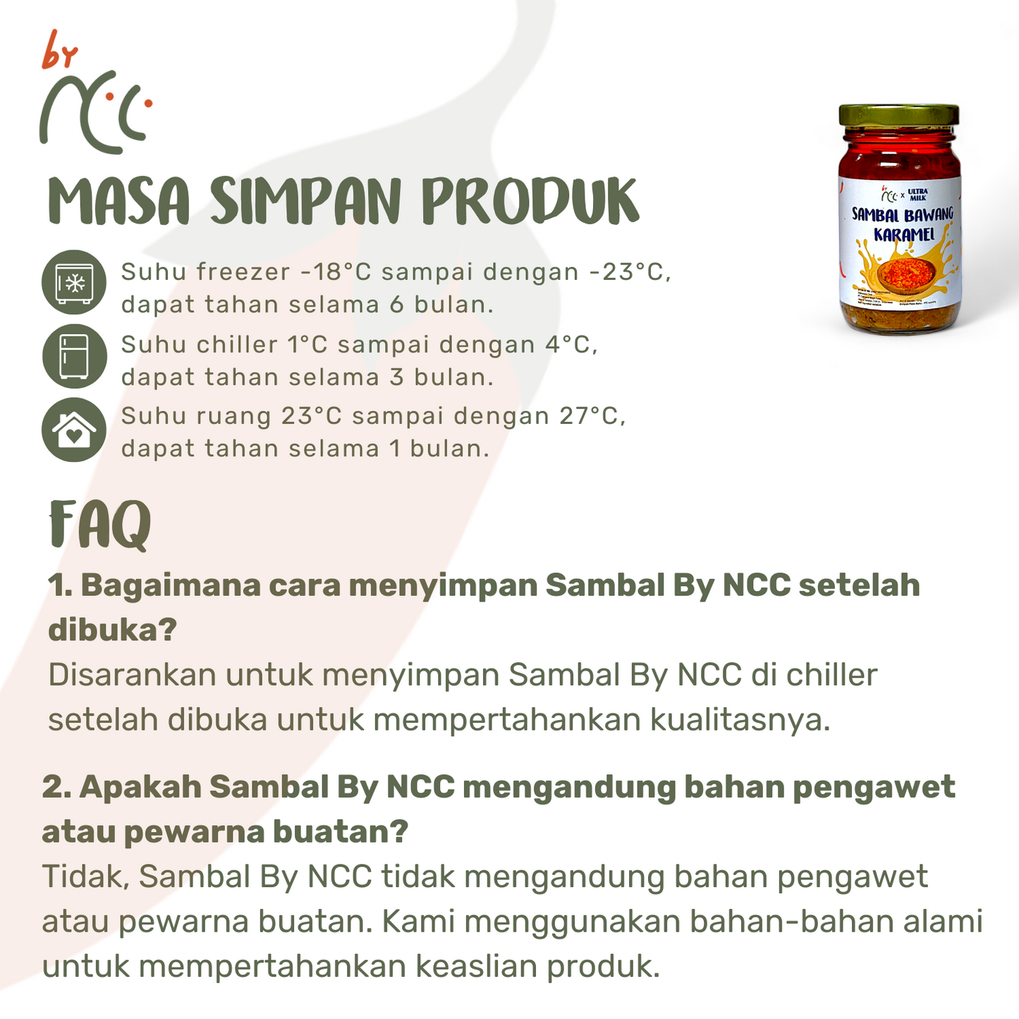 By NCC x Ultra Milk Sambal Bawang Karamel jar with storage instructions and FAQ in Indonesian