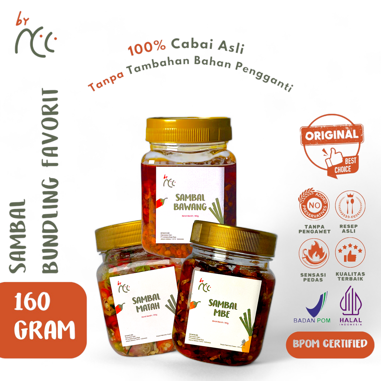 Bundling three 160g jars of authentic Balinese Sambal Mbe, Matah, and Bawang, spicy chili sauce with natural ingredients, halal and BPOM certified, Buy 2 Get 3 offer