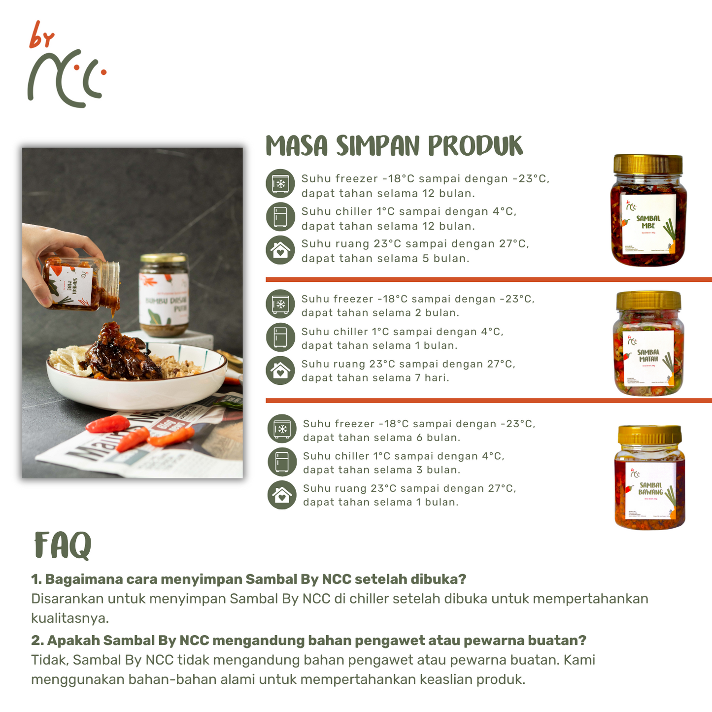 Sambal Mbe Embe Khas Bali Pedas with buy 2 get 3 offer, authentic spicy Balinese chili sauce in jars with storage instructions and quality assurance.