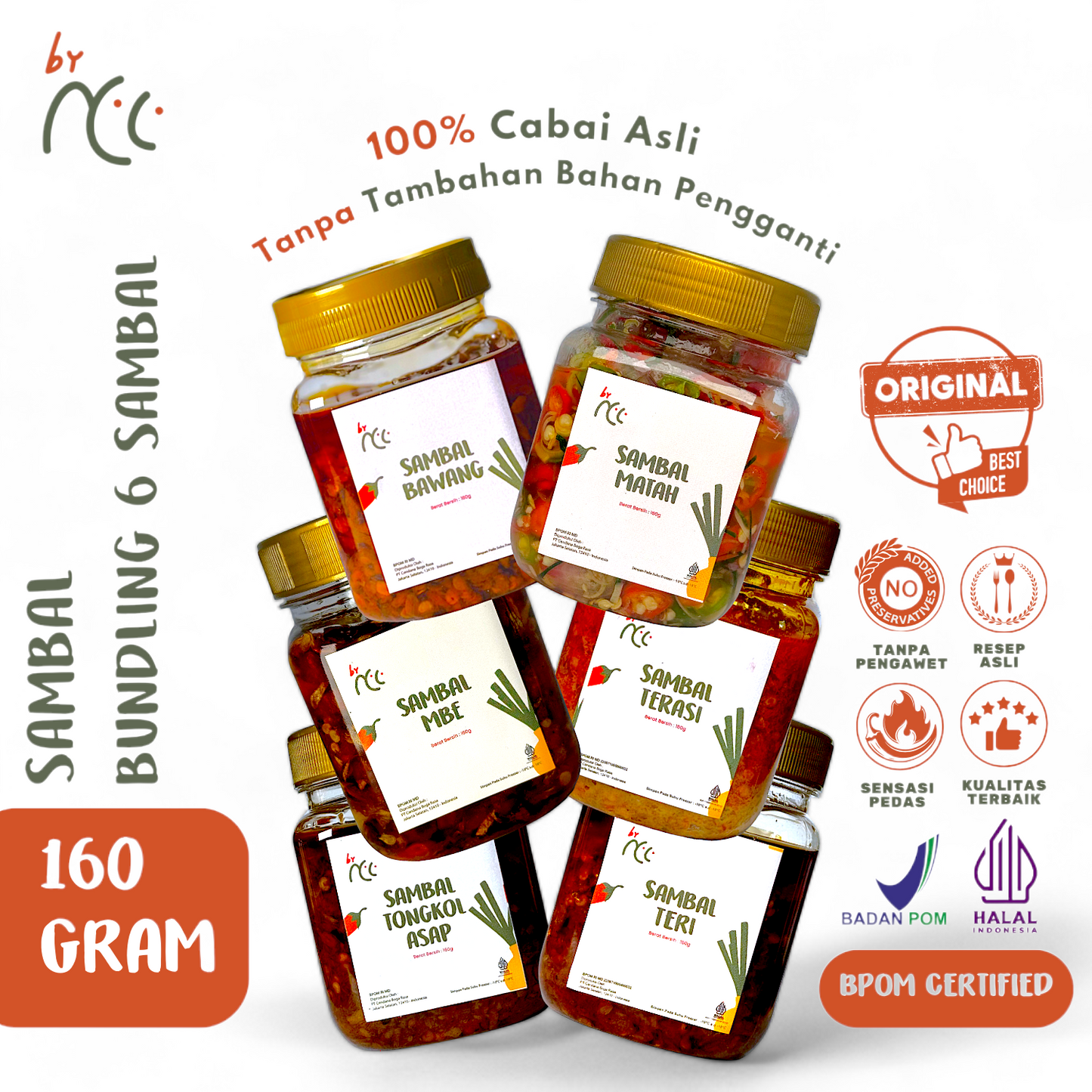 Bundling 6 sambal pedas rumahan termurah by NCC tanpa pengawet dengan varian sambal bawang, matah, mbe, terasi, tongkol asap, dan teri 160 gram, halal dan BPOM certified