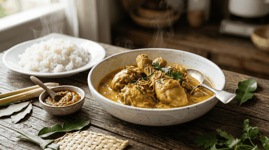 Ayam bumbu kuning santan gurih dengan nasi putih hangat, resep mudah dan cepat untuk 4-5 orang