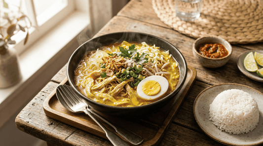 Semangkuk soto ayam bumbu kuning tradisional dengan pelengkap jeruk nipis dan bawang goreng, mencerminkan sejarah Soto Ayam Nusantara